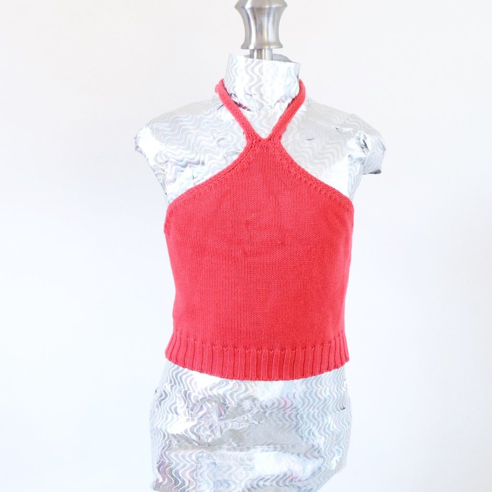 Vintage Red Cropped Knit Halter Crop Tank Top | Size S